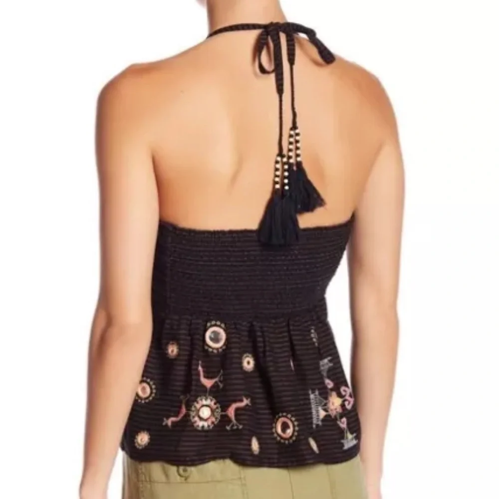 Free People Sweet Safari Stripe embroidered halter sweetheart brown size S boho